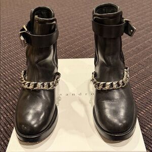 Sandro Black Ankle Boots with Silver Chain Accent
